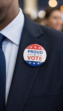 Close-up of a "Proud to Vote" political button pinned to a suit lapel at a public event