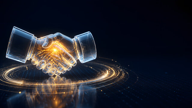 glass handshake with golden glow symbolizing business partnership trust deal agreement and digital technology network