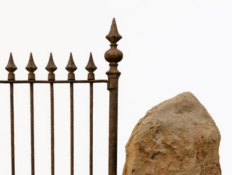 Rusty ornate wrought iron fence with decorative finials and large rough stone