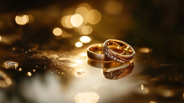Elegant close-up of gold wedding rings with diamonds on shimmering golden surface