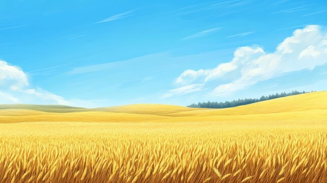 Expansive golden wheat field under clear blue sky with rolling hills