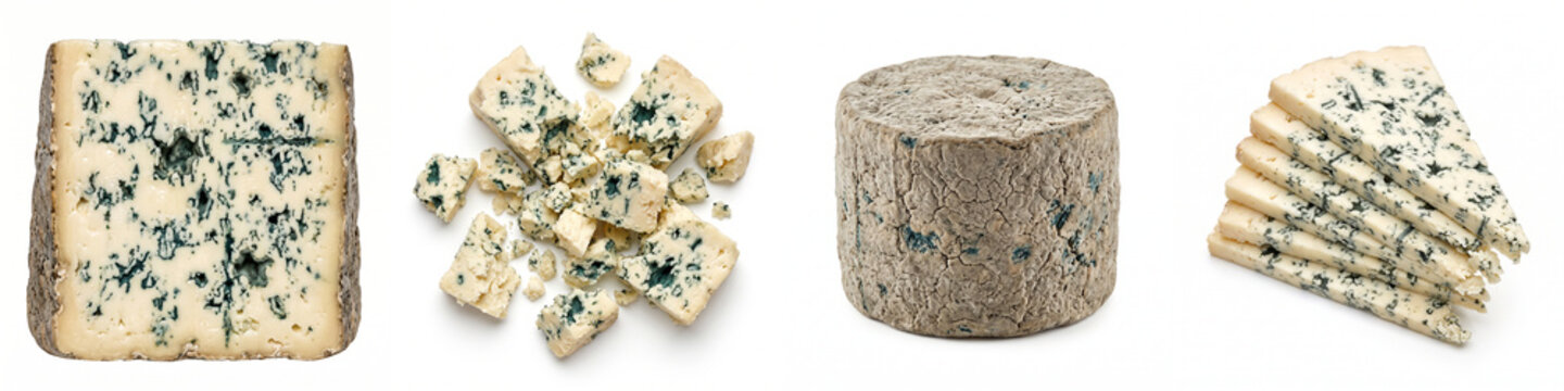 Blue cheese wedge crumbles wheel and slices isolated on a clean white background, showcasing artisanal dairy texture for culinary packaging, gourmet menu design, and gastronomy