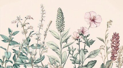 Obraz premium Delicate botanical illustrations of diverse wildflowers in bloom