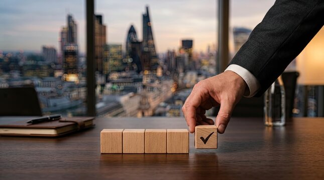 Businessman placing the final wooden block with a checkmark symbol on an office desk