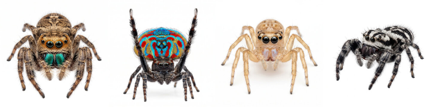 Jumping spiders set isolated on white showcasing four macro arachnid species including colorful peacock spider for biology education, entomology research, and science publishing