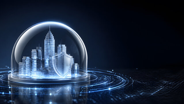 Glass dome covering city skyline with shield symbolizing business property insurance protection and urban security