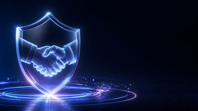Glass shield with glowing handshake symbolizing insurance agreement trust partnership business protection deal and cooperation