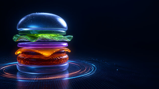 Layered glass burger with colorful glowing ingredients floating above dark background with neon circle light