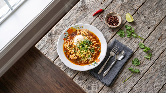 Delicious spicy noodle soup in a floral bowl with a poached egg and fresh herbs, served on a rustic wooden table by a window. Perfect for cozy comfort food concepts.