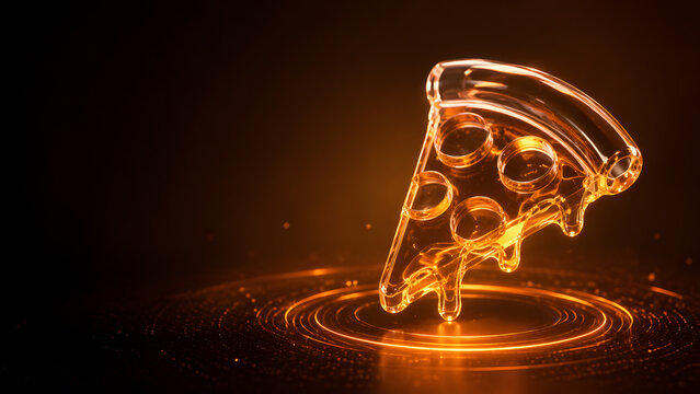 Golden glass pizza slice with melted cheese glowing warm on dark background with light ripple