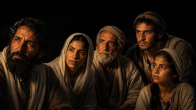 Group of people in ancient biblical clothing looking up with hope in darkness. Woman, man, old man and girl witnesses of the