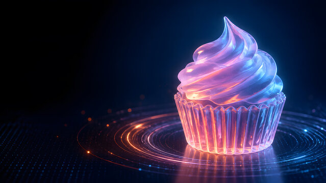 Glass cupcake with swirling frosting glowing purple on dark background with soft circular digital light ripple