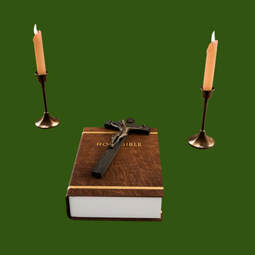 exorcist's religious objects isolated on green background