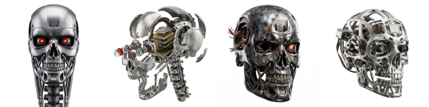 Robot skull set with robotic heads and mechanical exploded view in metallic 3d render style, isolated on white background for science fiction, artificial intelligence and cyber design