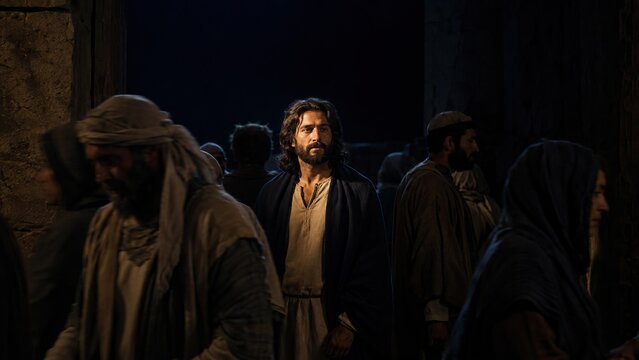 Jesus Christ standing among people in dark ancient street at night. Light of the world biblical scene from Gospel of John. Faith, testimony and salvation concept for Christian church and Easter