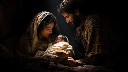 Obraz premium Woman mary and man joseph holding newborn baby jesus in dark stable with divine light. Holy family nativity scene. Birth of christ, light of the world, christian faith and christmas story concept