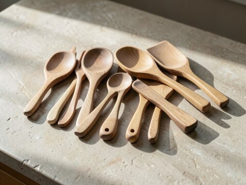 Set of assorted wooden kitchen utensils on a textured stone countertop