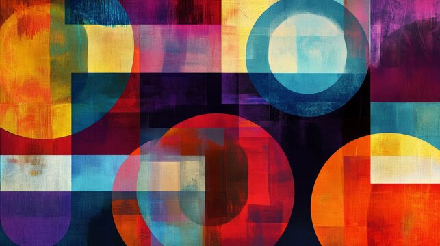 Colorful geometric abstract art with circles and rectangles in vibrant hues