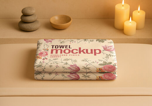 Folded Towel Mockup on Spa Table With Candles and Stones for Textile Pattern Presentation