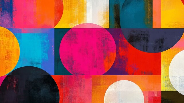 Colorful geometric abstract art with overlapping circles and rectangles