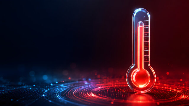 Glass thermometer glowing red and blue showing hot and cold temperature scale on dark digital background