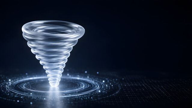 Glass tornado funnel spiral glowing white on dark background with swirling digital particle light effect