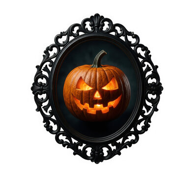Glowing carved jackolantern pumpkin inside an ornate vintage black oval frame isolated on transparent background