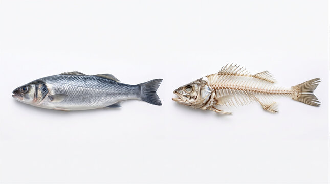 Fresh whole fish side by side with a dry fish skeleton, conceptual 3D render representing passage of time, consumption, resource depletion, decay, and transformation on a clean background.