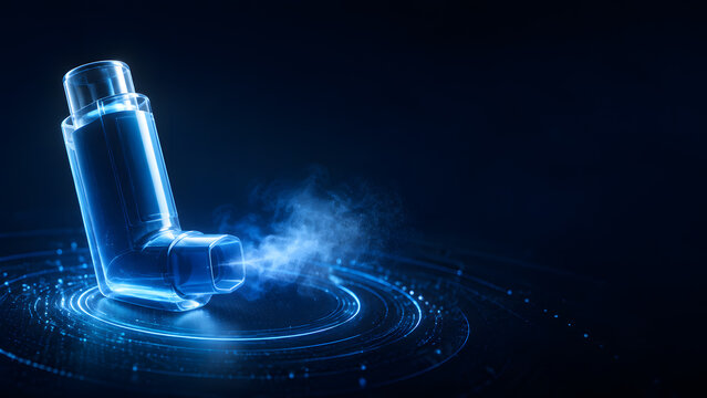 glowing glass asthma inhaler releasing vapor mist above digital circular grid for respiratory health background