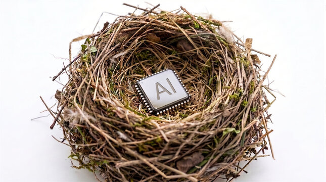 Artificial intelligence microchip resting inside a natural bird nest, conceptual 3D render representing birth of AI technology, tech incubation, innovation origin, and digital nurturing on a clean bac