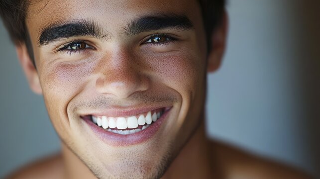 Young hispanic male with bright smile and freckles looking happy