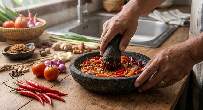 Making Traditional Indonesian Sambal: Man's Hands Grinding Chili and Spices in Stone Mortar and Pestle.