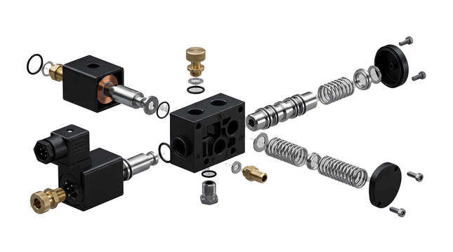 Exploded view of industrial pneumatic solenoid valve assembly showing mechanical parts, spool, springs, coils, and body