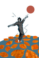 Fototapeta premium Composite trend artwork image collage of copyspace autumn season weather outdoors nature young lady pinup style model posing dance