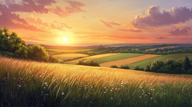 Tranquil sunset over scenic rural landscape with rolling hills and fields
