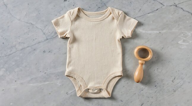 Beige baby onesie with wooden rattle on grey concrete.