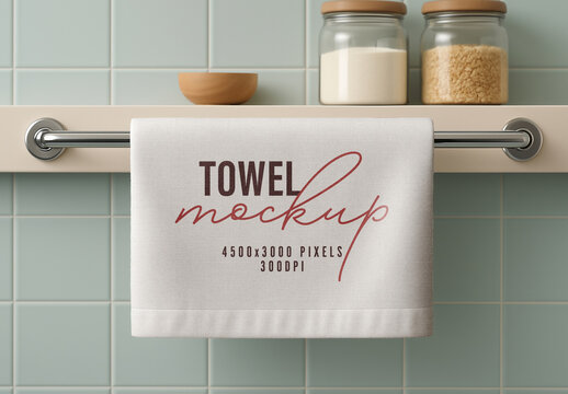Blank Towel Mockup Hanging on Rail in Tiled Kitchen Interior for Textile Branding Presentation