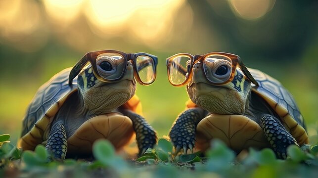 Adorable turtles wearing glasses in sunlit garden setting