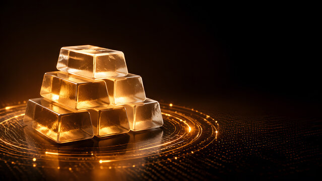 Transparent gold bar stack glows with wealth finance symbol on dark futuristic background design scene