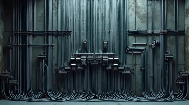 Una enorme red de cables el&eacute;ctricos f&iacute;sicos montada en la pared y organizada en elegantes patrones ramificados