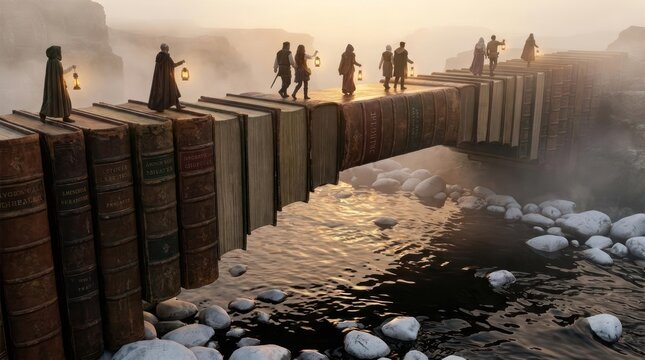 People walking across bridge made of giant vintage books.