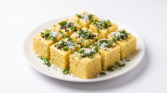 Gujarati dhokla, soft yellow steamed savory cakes cut into neat squares, topped with mustard seeds, cilantro and grated coconut