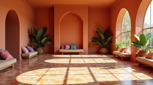 Un estudio de yoga contempor&aacute;neo y vibrante con paredes de terracota y suelos de baldosas hidr&aacute;ulicas estampadas