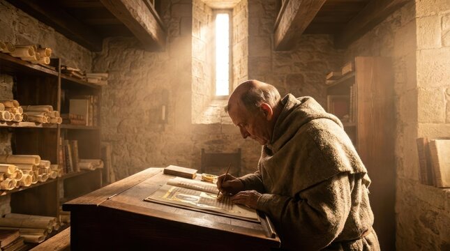 Medieval monk writing on parchment in sunlit stone scriptorium.