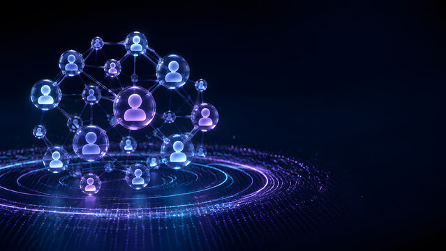 Glowing glass network of connected people spheres forming digital community above ripple technology background light effect