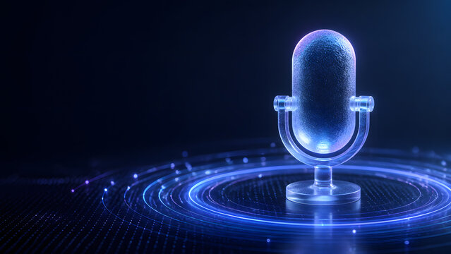 Glowing glass microphone in blue and purple standing above digital ripple technology background podcast recording scene