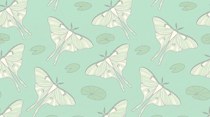Seamless pattern of luna moths on mint background, repeating design illustration, vintage style vector textile, decorative wallpaper texture with moth wings and leaves, nature insect motif