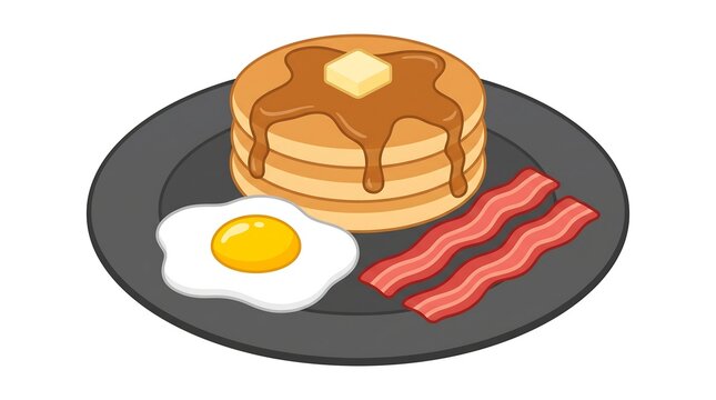 American breakfast cartoon icon set, delicious pancakes with butter syrup, fried egg and bacon on plate, chef flat vector illustration for menu design