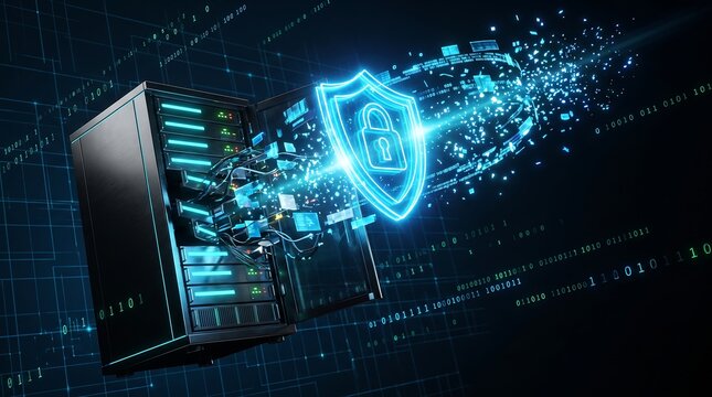 Cyber Security Concept, Server Shield, Digital Network Protection, Black High Tech Computer, Business Safety, Data Privacy, Cyber Attack, IT Firewall, Cloud Computing