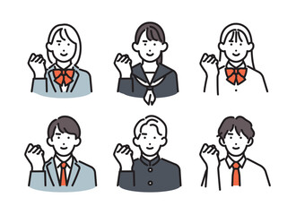 Fototapeta premium シンプル イラスト 気合いを入れる男女の学生6人セット ベクターイラスト